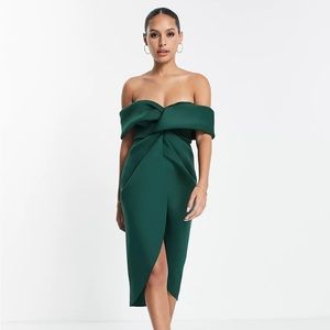 ASOS DESIGN off shoulder twist front midi dress in deep green